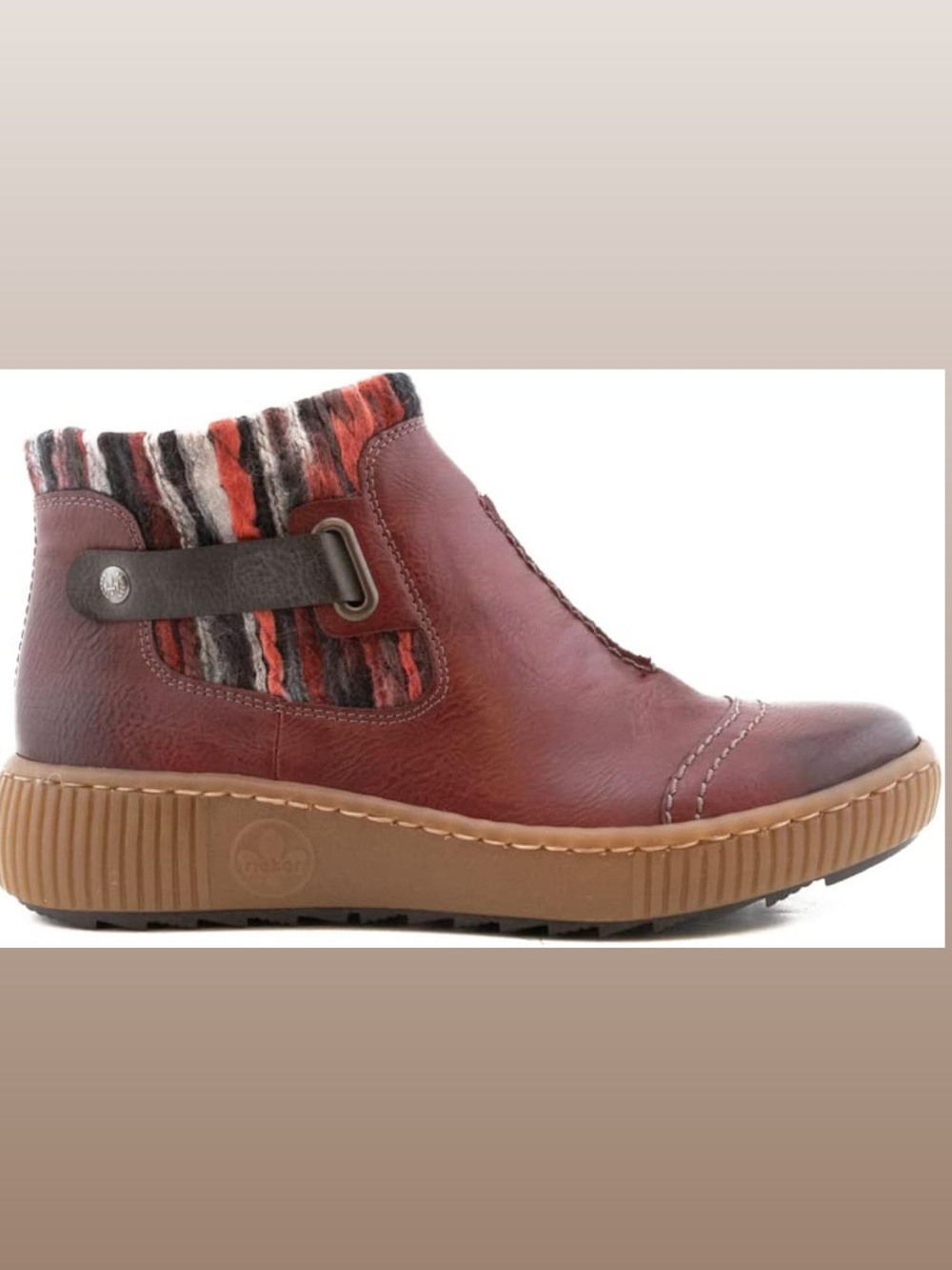 Rieker red leather boots wool lining side zip scandinavian warm cozy cabin gorp